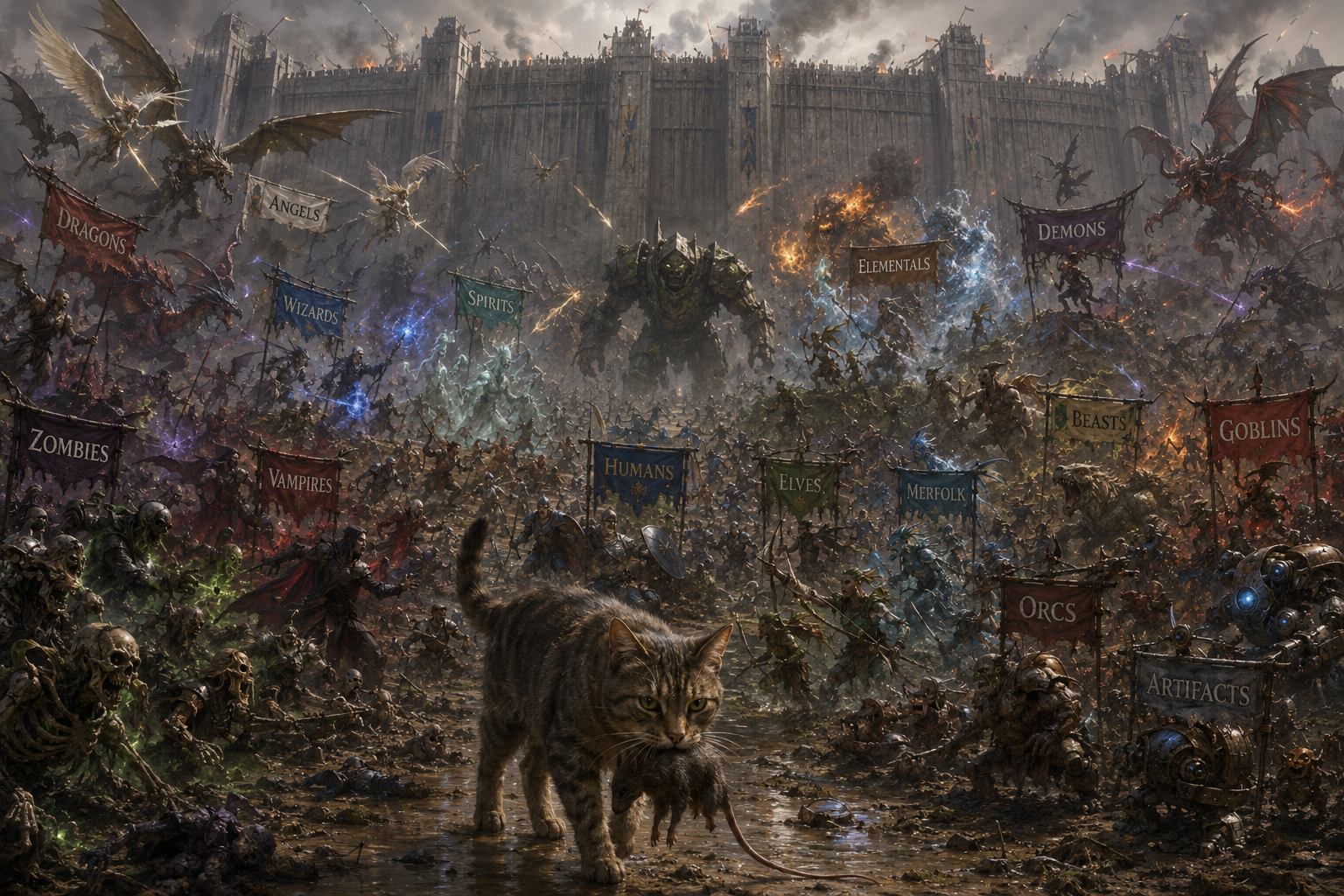 Epic tribal battlefield scene with banners for factions and a cat crossing the front line.